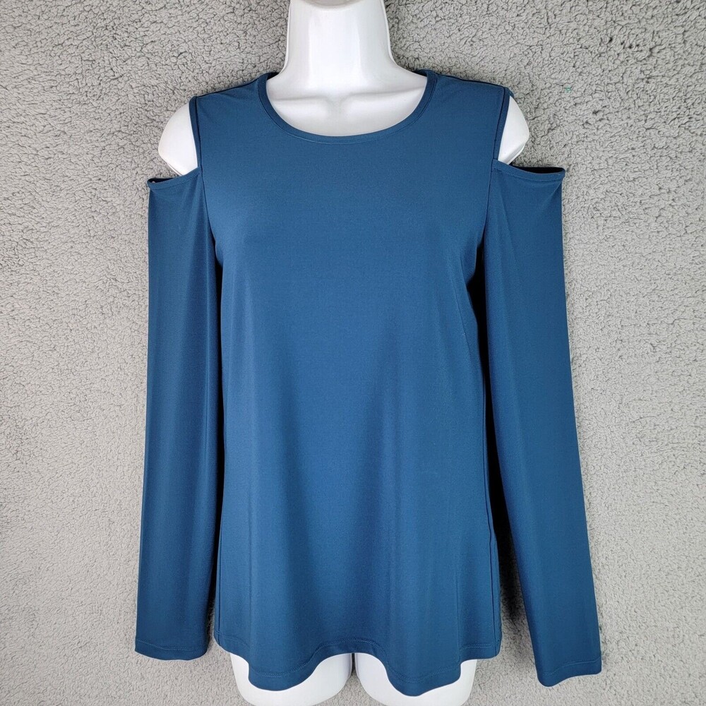 Donna Karan Womens Blouse Top Sz Small Cold Shoulder Long Sleeve Solid Turqouise